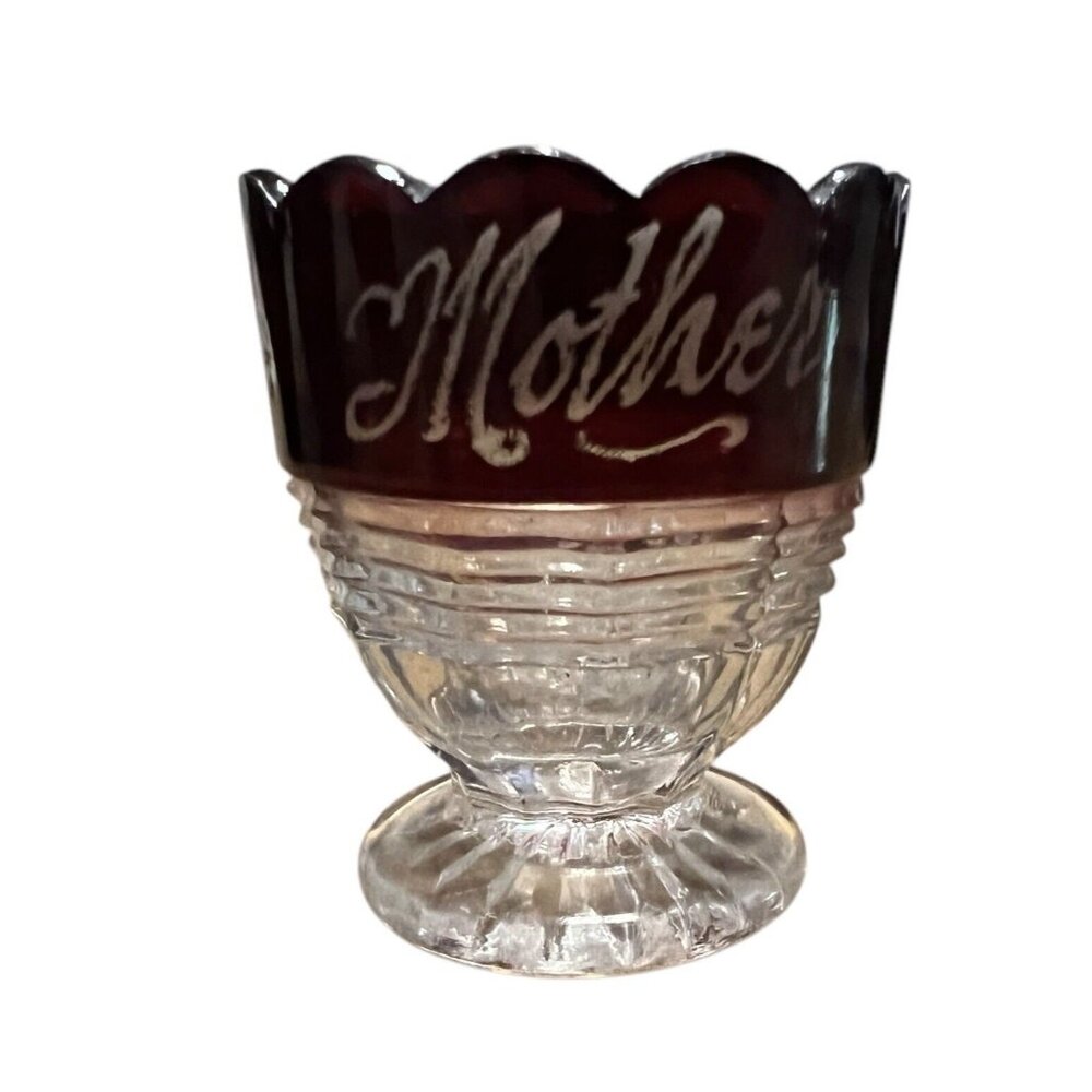 Vintage RUBY FLASH Glass Souvenir Cup/ Toothpick Holder " Mother 1936 2”T, 1.5”W